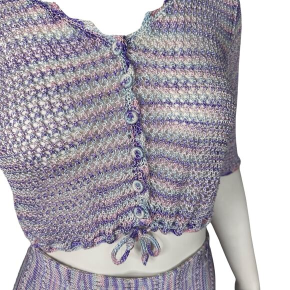 Pastel Crochet Two Piece Midi Skirt Set Y2K Lavender Handmade Matching Knitwear - Picture 4 of 16